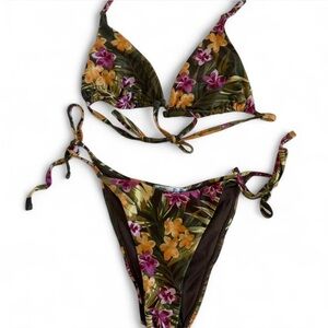 Tropical print triangle bikini set